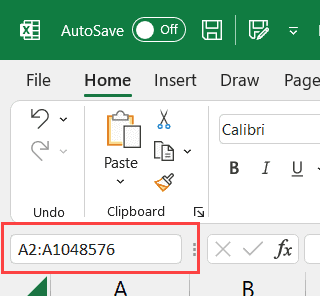在名称框中输入 A2 A1048576