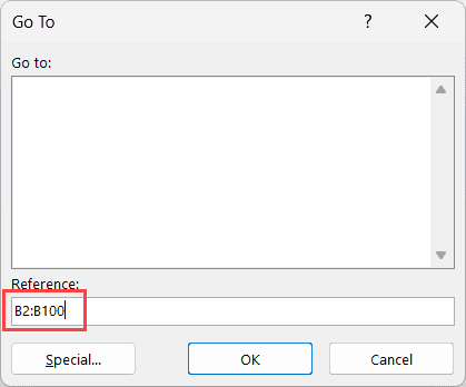 在“转到”对话框中输入要选择的参考