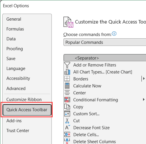 在“Excel 选项”对话框中选择“快速访问”工具栏