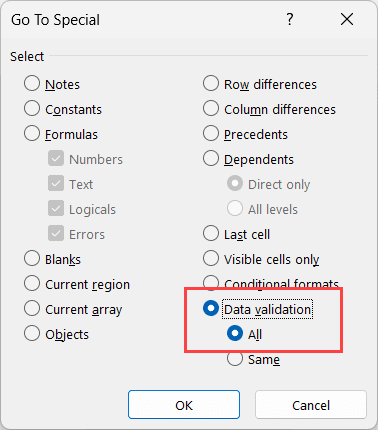 在转到特殊对话框中选择数据验证中的所有选项