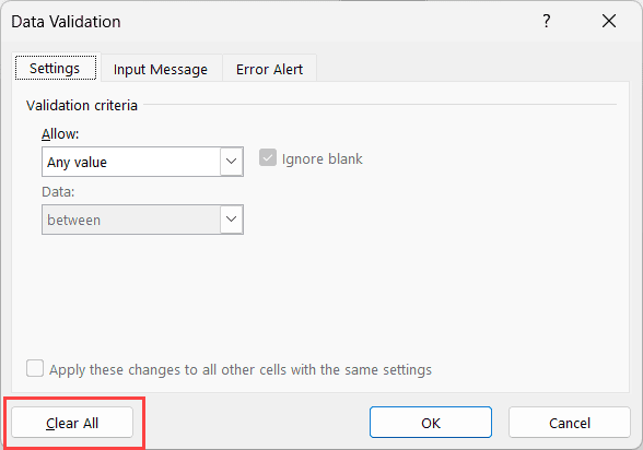清除所有数据验证规则