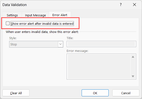 取消选中输入无效数据后显示错误警报