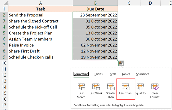 单击快速分析选项中的小于选项