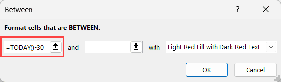 输入今天 - 30 个公式