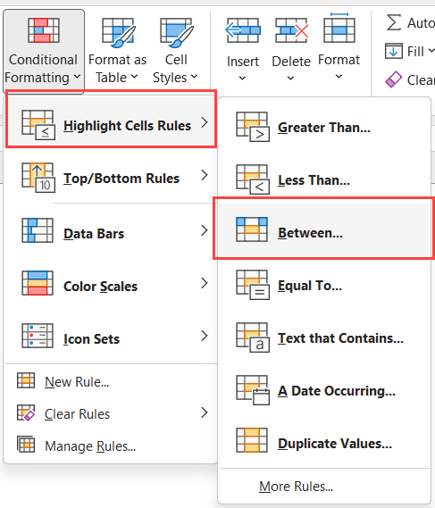 单击“之间”选项