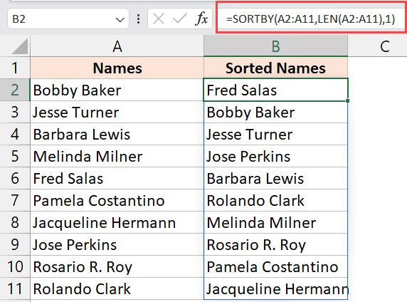 SORTBY function to sort by length in