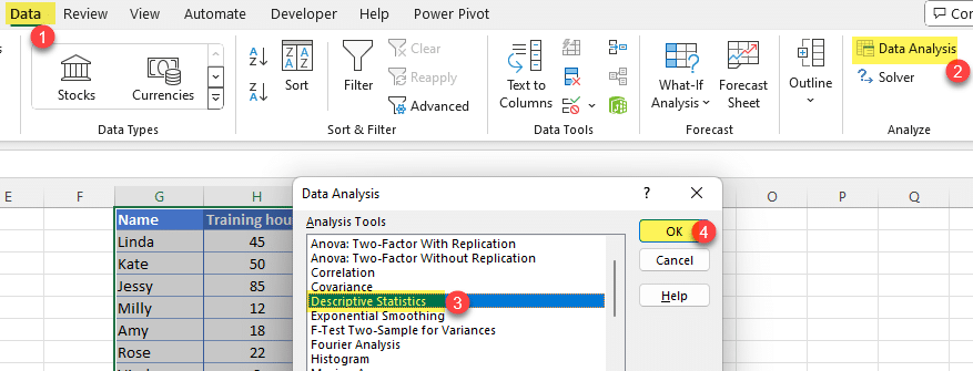使用 Excel 描述性统计计算偏度和峰度