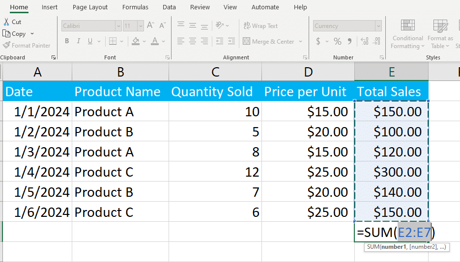 AutoSum 插入的 SUM 函数