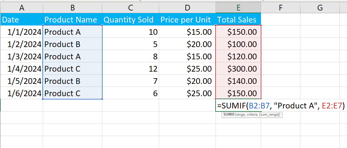 使用 SUMIF 求列的总和