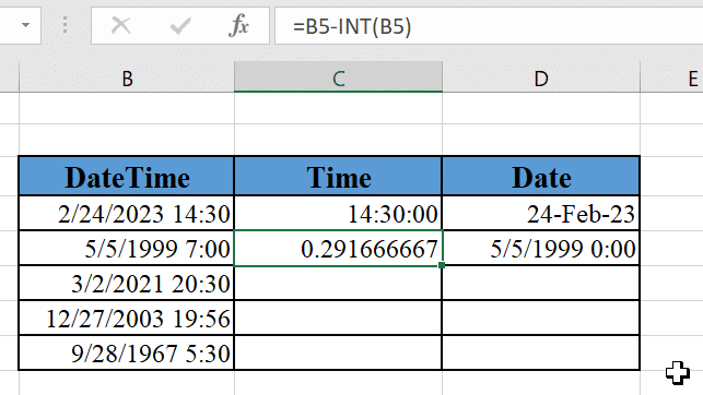 使用 INT() 方法提取时间