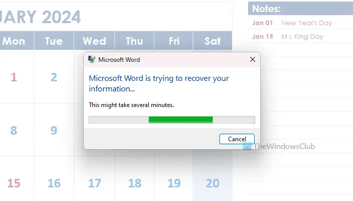 microsoft word trying recover information