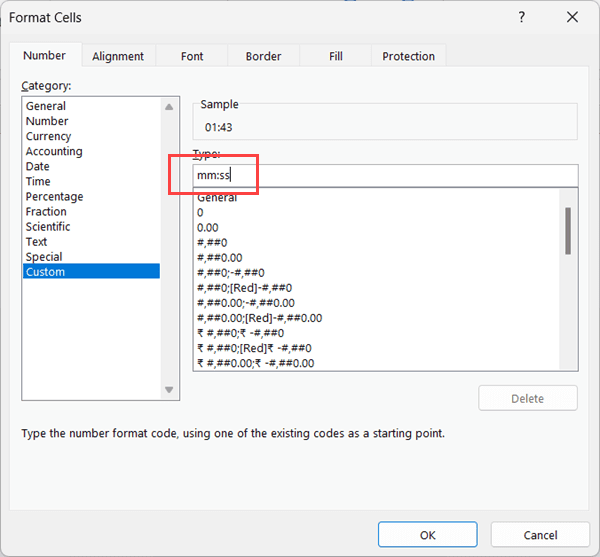 在字段中输入 mmss