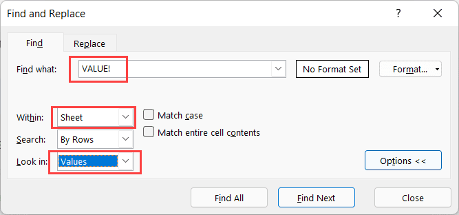 在“查找内容”字段中输入“值!”,然后选择“值”