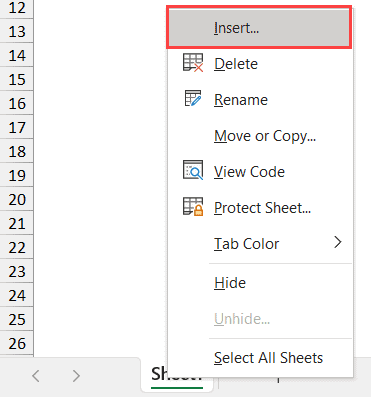 右键单击,然后单击插入工作表