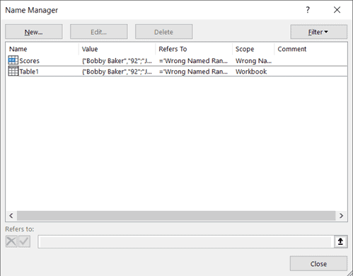 名称管理器对话框,其中包含所有名称